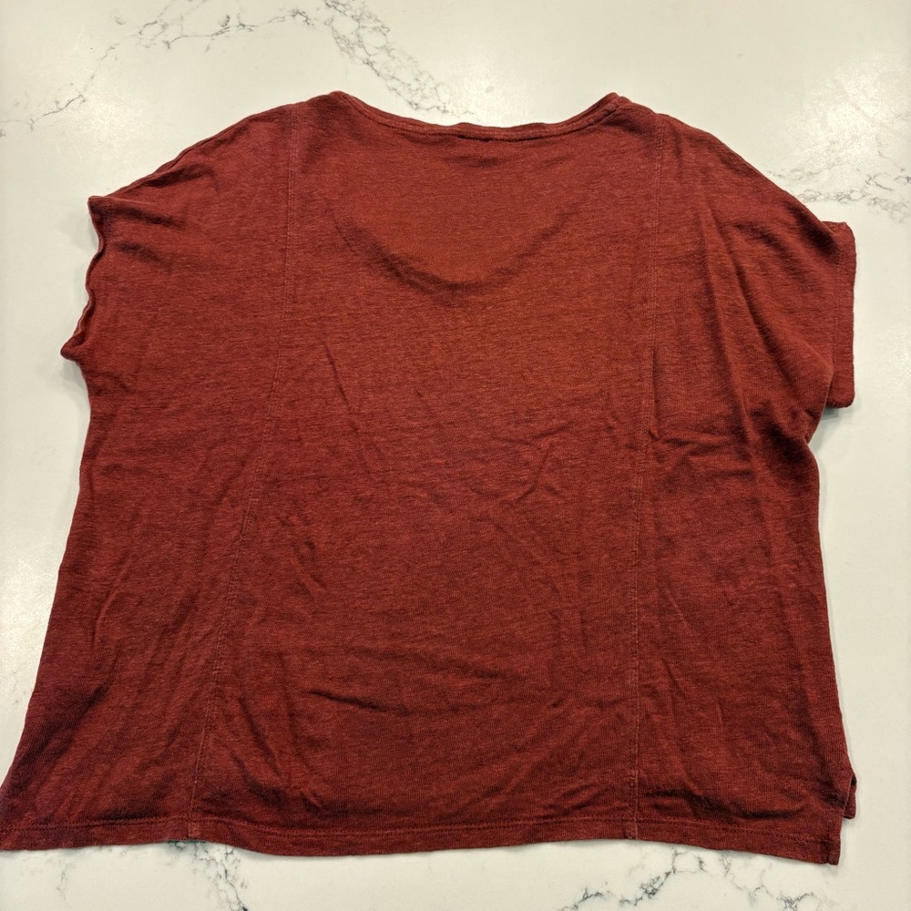Poetry Linen Women's V-Neck Short Sleeve Loose Fit Tee in Rust Red Orange - Picture 5 of 8